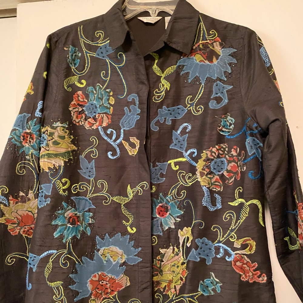Laura Ashley black blouse with embroidery. Size PS. NWOT 100% Silk